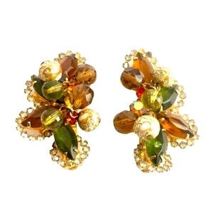 Juliana D&E Mardi Gras Earrings Rhinestone Beaded Clip On Green Amber AB Crystal